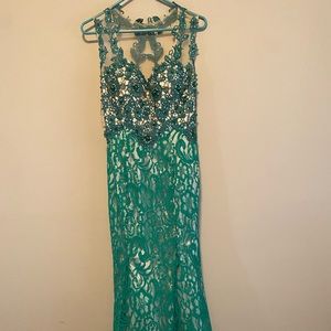 Green and Nude Lace Mermaid evening gown
